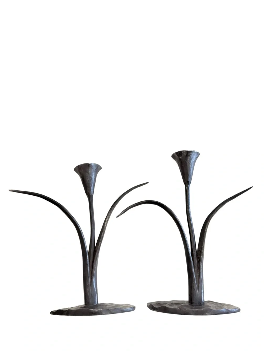 Vintage Hand Forged Iron Calla Lily Candlesticks Pair Brutalist Sculptural